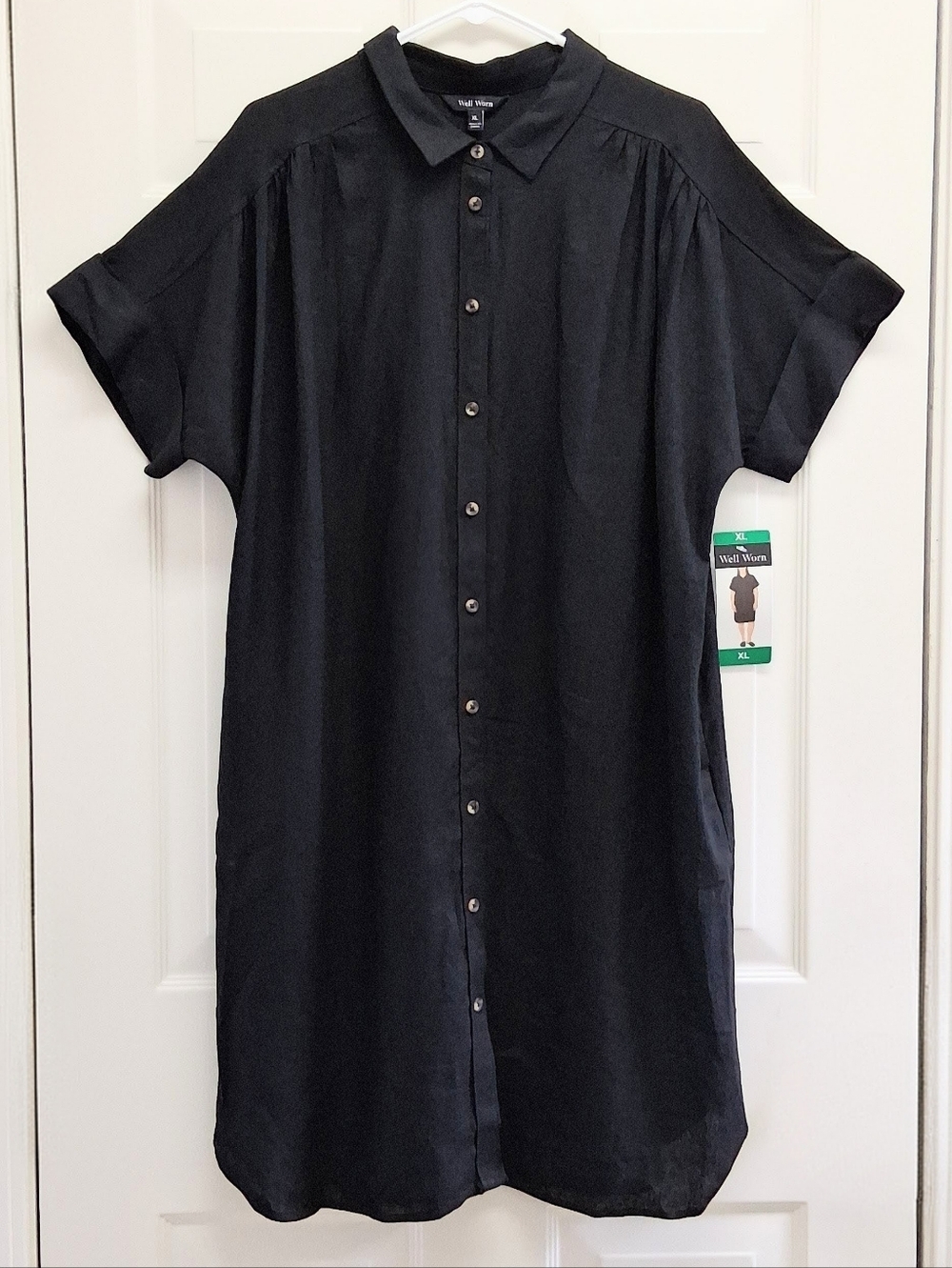 Well Worn Linen Blend Button Front Shirt Dress Black XL Pocket Coastal Lagenlook